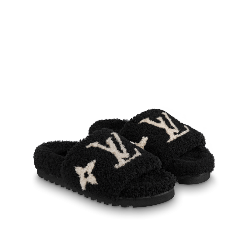 Louis Vuitton Paseo Flat Comfort Mule Black Logo Shearling Fur