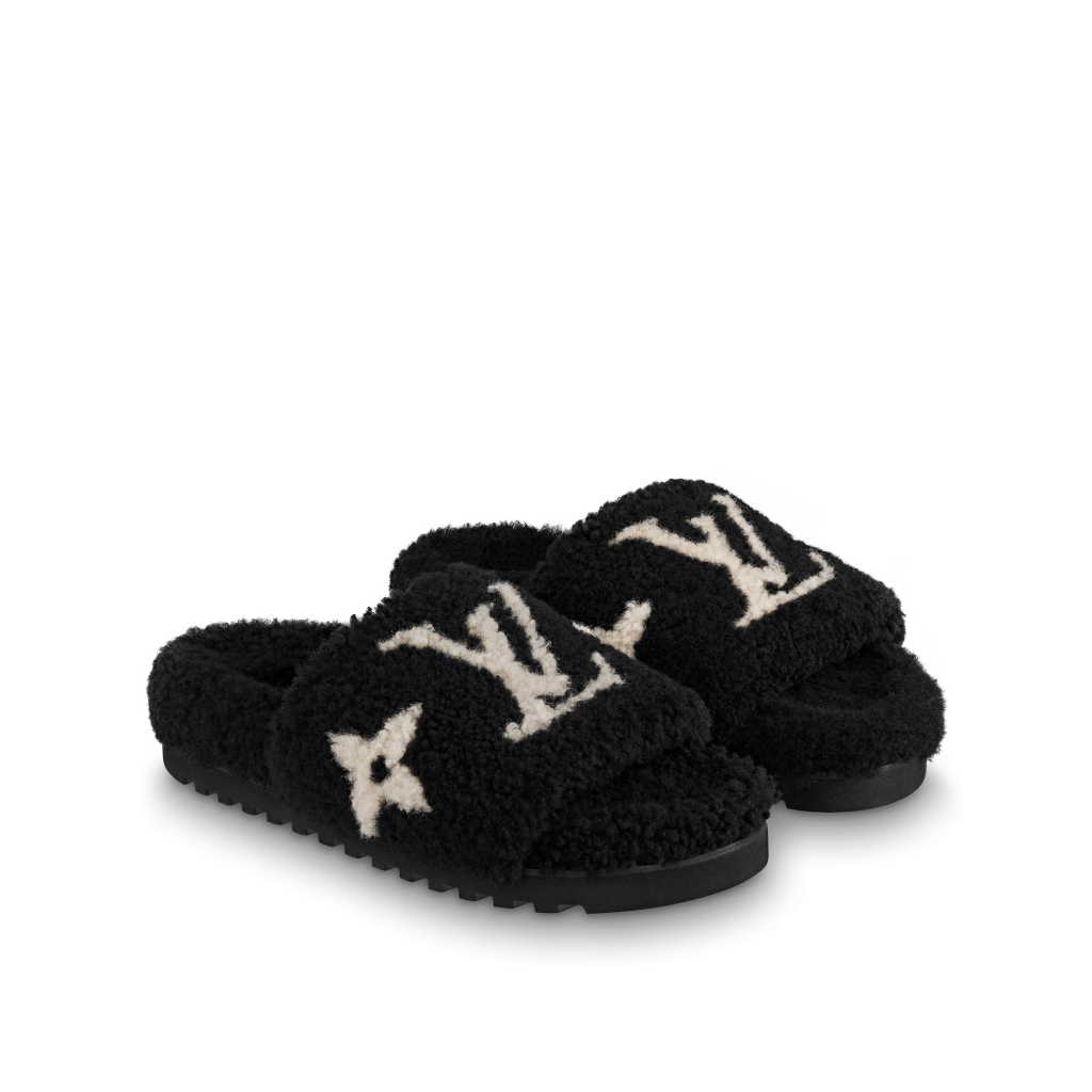 Louis Vuitton Paseo Flat Comfort Mule Black Logo Shearling Fur Slide Sandal  39