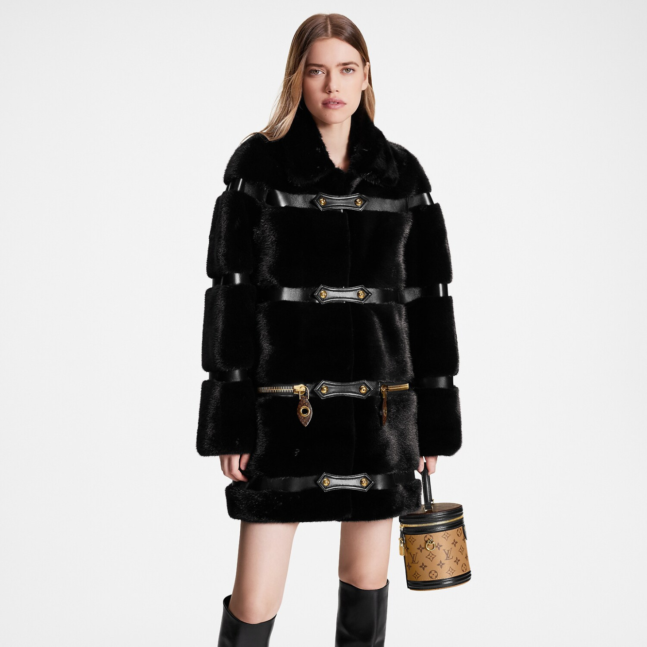 Louis Vuitton Leather Strip Black Mink Coat BLACK. Size 40