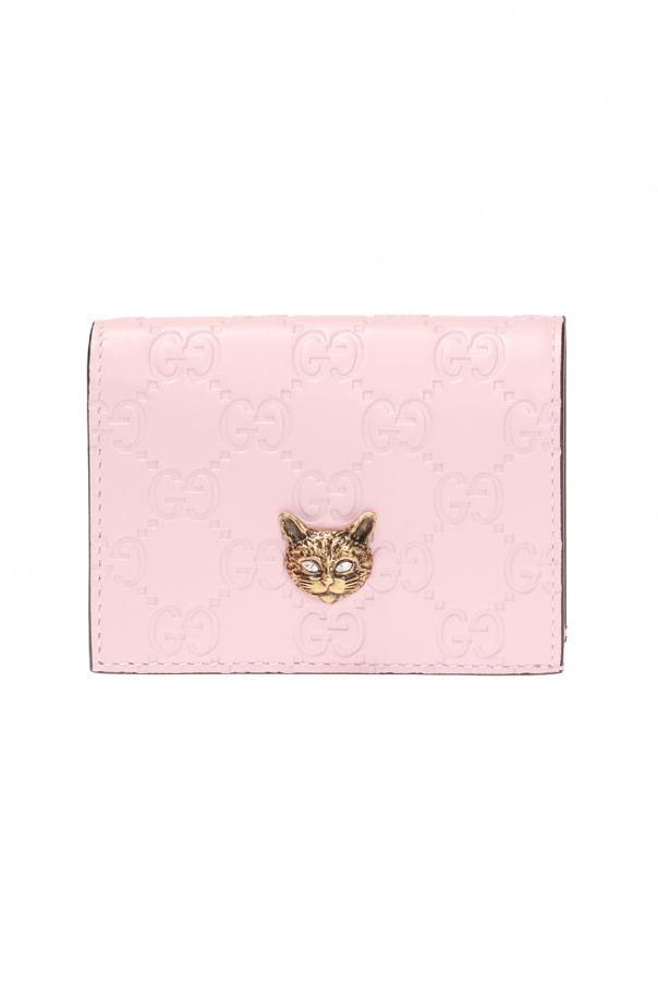 Gucci Signature Card Case Wallet With Cat in Pink