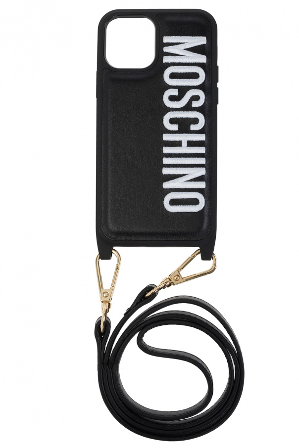 Moschino Black iPhone 12/12 Pro case from . This item showcases an embroidered white logo