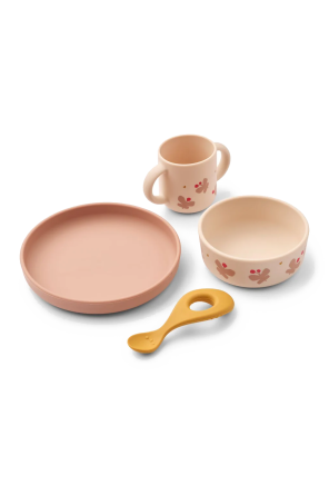 Set: mug, spoon, bowl, plate