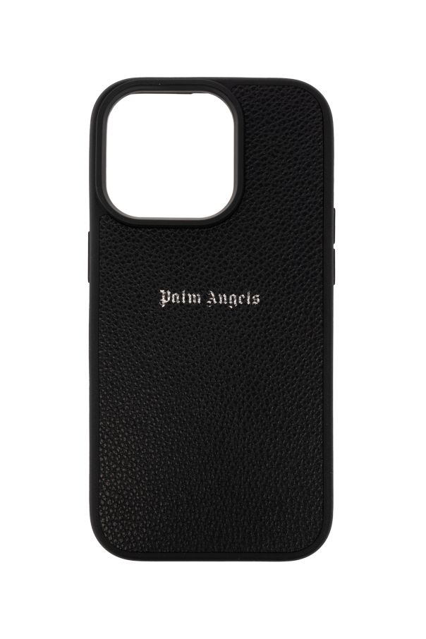 Palm Angels Black iPhone 14 Pro case from . This item showcases a silver-tone printed logo