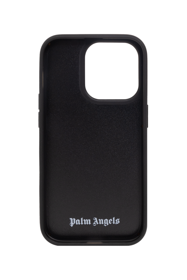 Palm Angels Pink and black iPhone 14 Pro case from . This item showcases a gold-tone printed logo