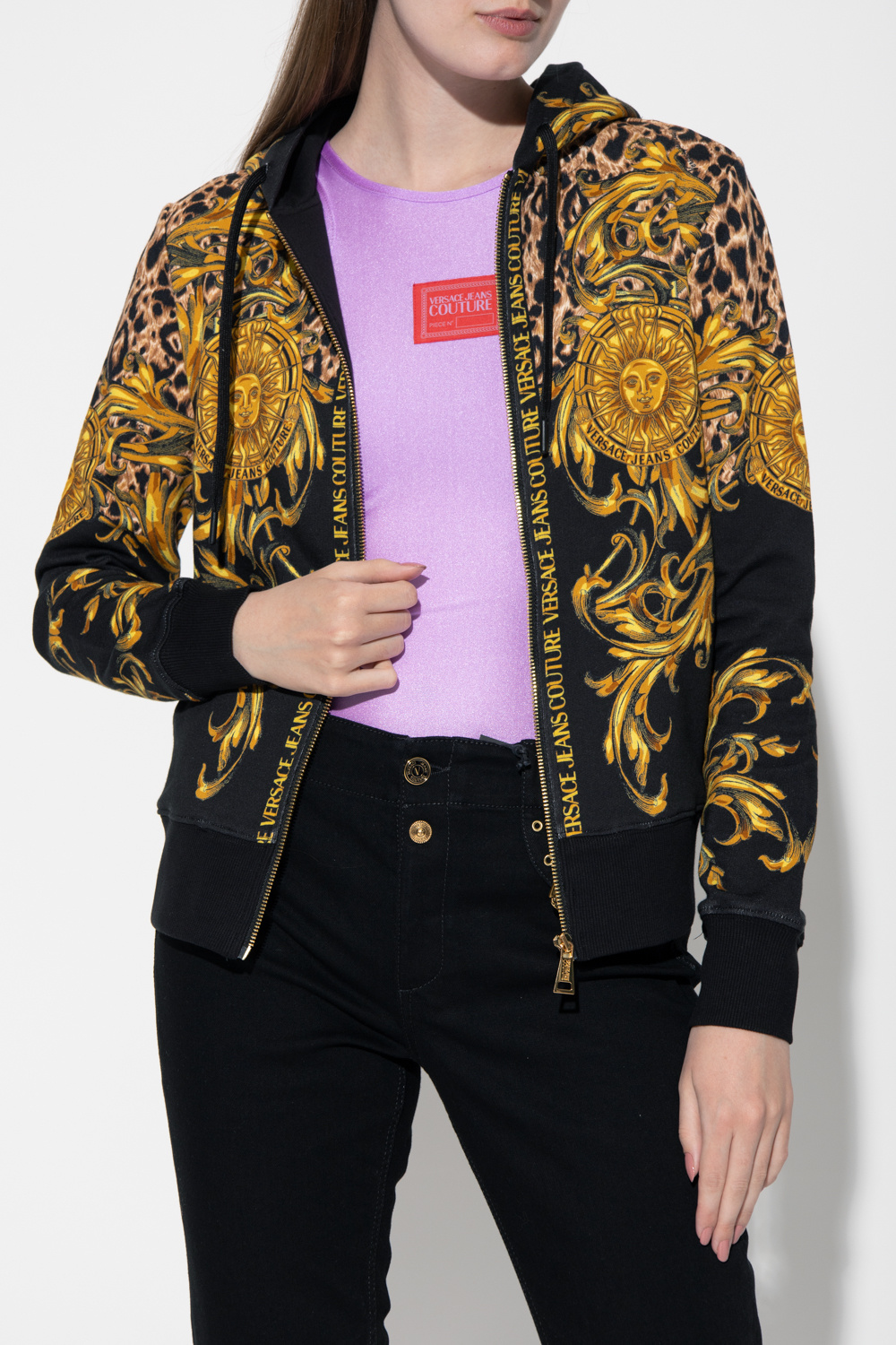 GUCCI DENIM JACKET WITH JUMBO GG PATTERN hoodie printed with ‘Garland Sun’ motif