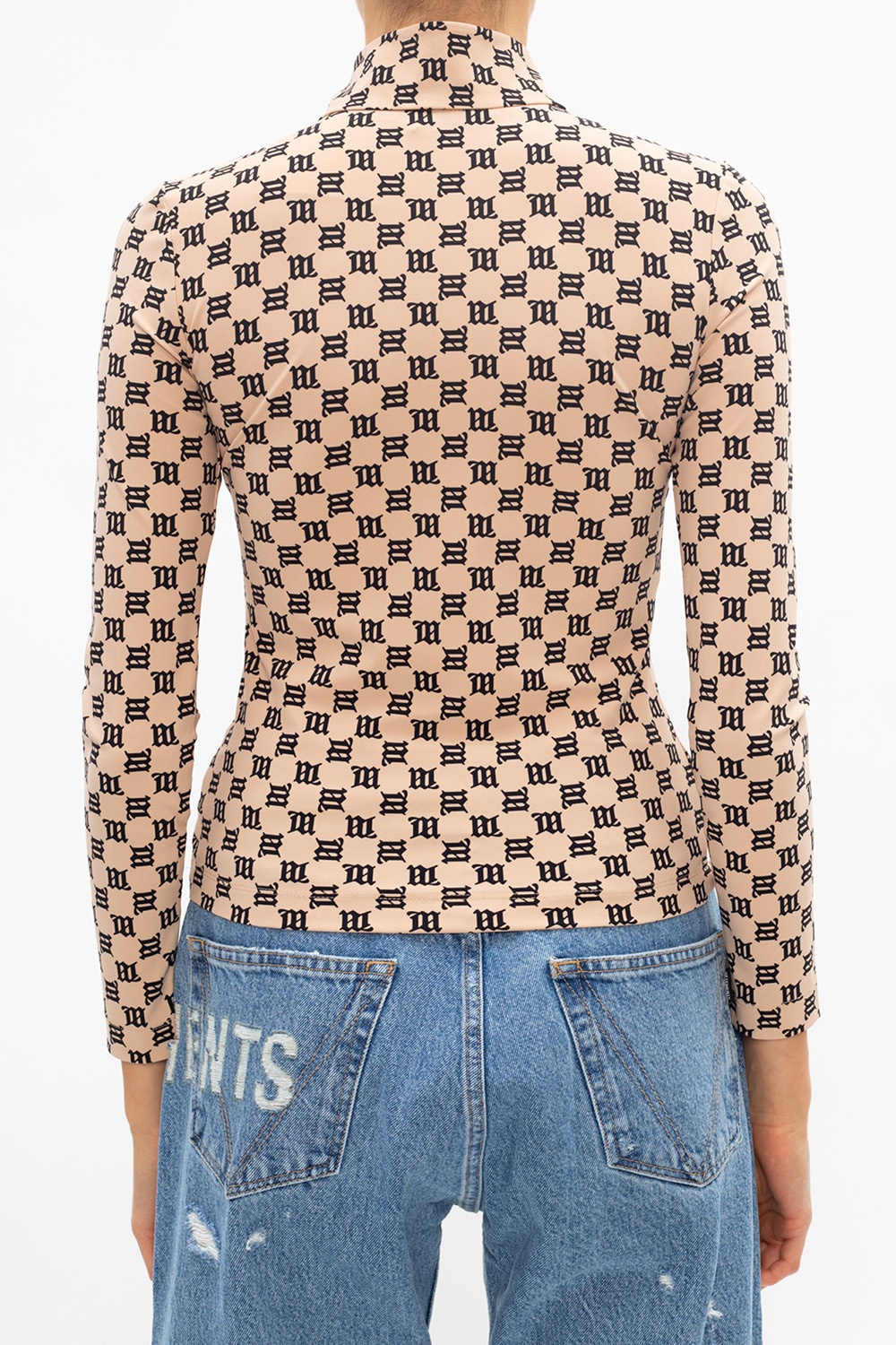 Brown Monogram Print Long Sleeved Zip Turtleneck Top