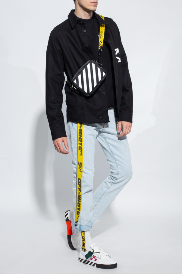 Off-White Green and blue cotton denim army jacket from featuring long sleeves and a classic collar