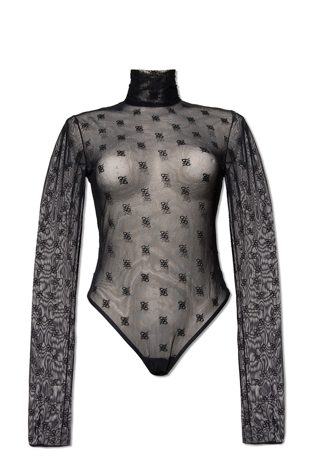 Buy Fendi High-neck Long-sleeved Mesh Bodysuit And Bra Set - Black