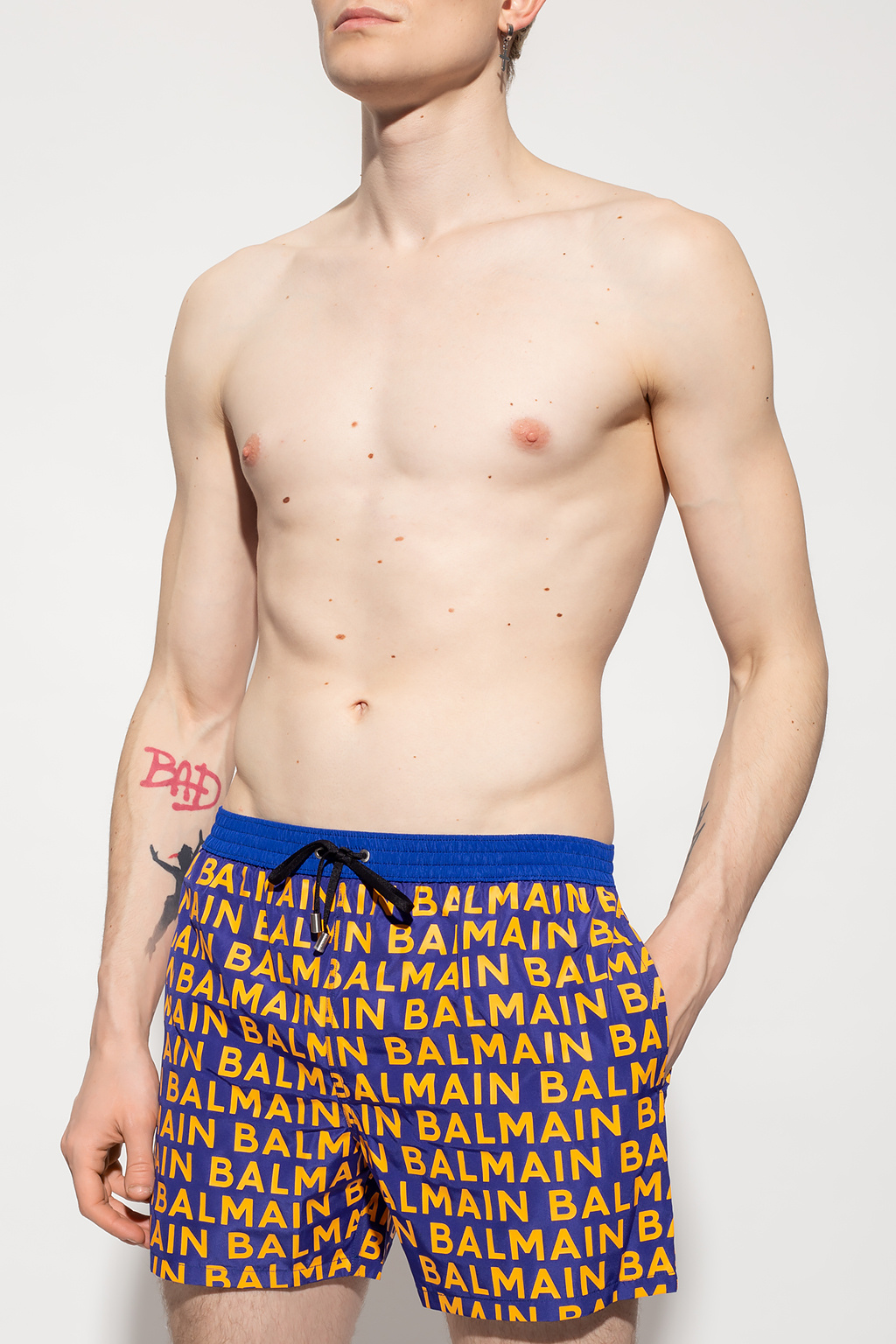 Giorgio Armani - All-Over Logo Print Swim Trunks, 100% POLYESTER, Dark Blue, Size: 52