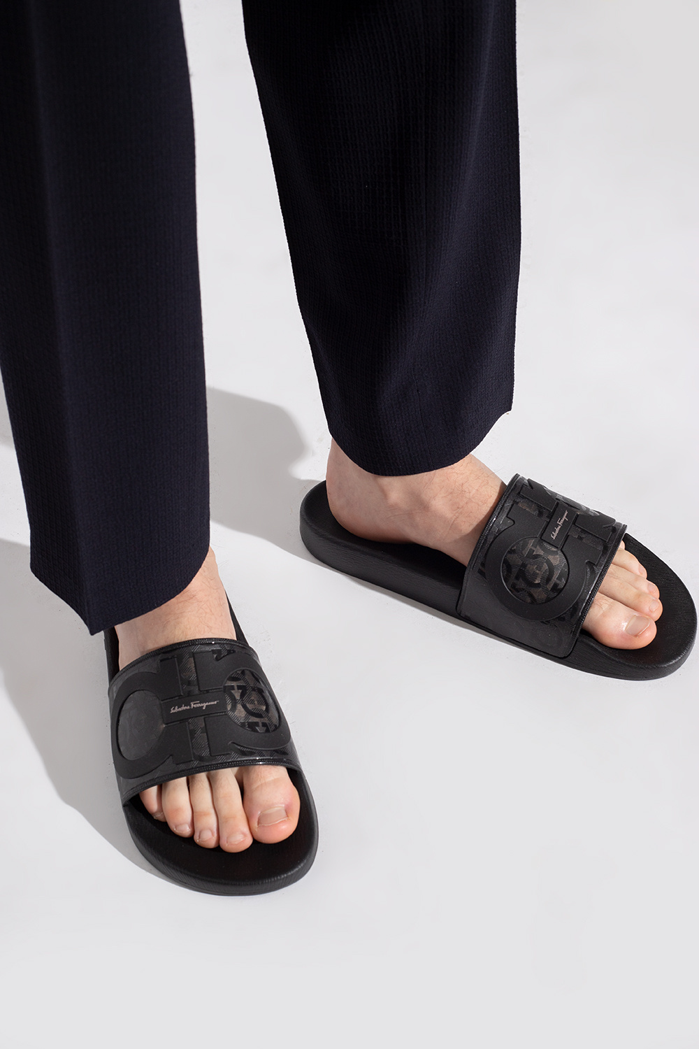 Salvatore Ferragamo Groove Black/ Gold slides sandals Men’s Size 9 M