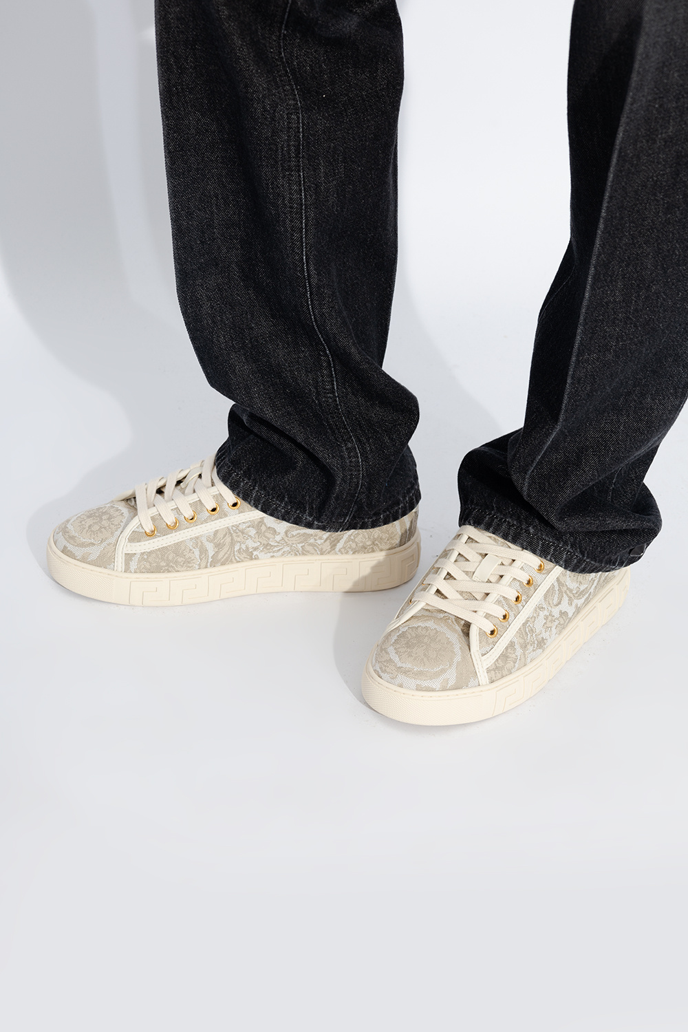 Versace Barroco Greca Jacquard Low Top Sneaker In Cream