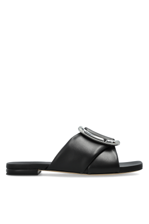 Leather slides with an appliqué