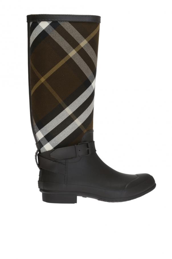 buckle and strap detail check rain boots