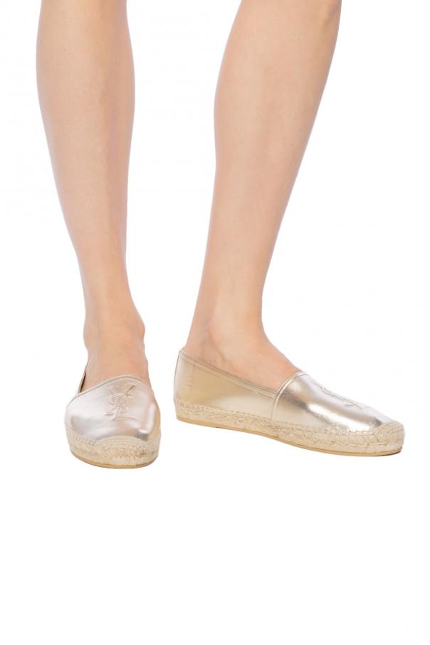 Saint Laurent Logo-embossed Metallic Leather Espadrilles In White Gold