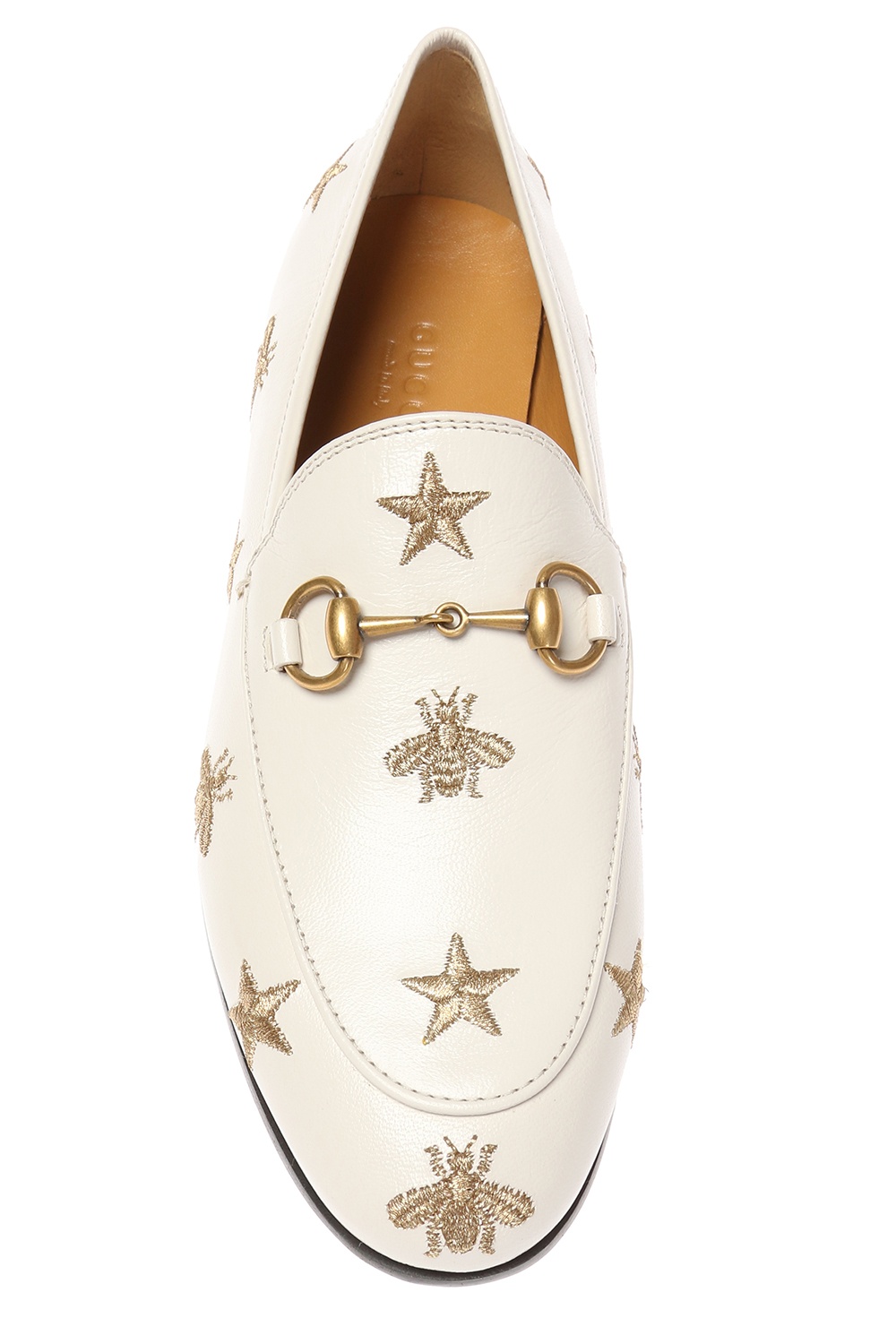 Gucci White Bee & Star Embroidered Leather Jordaan Loafers Size