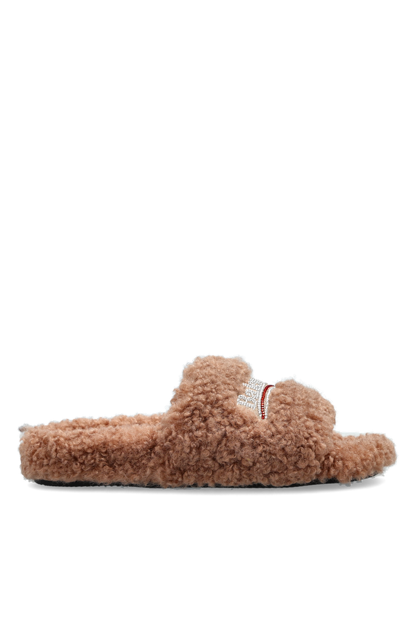 Furry slides with a glossy logo od Balenciaga