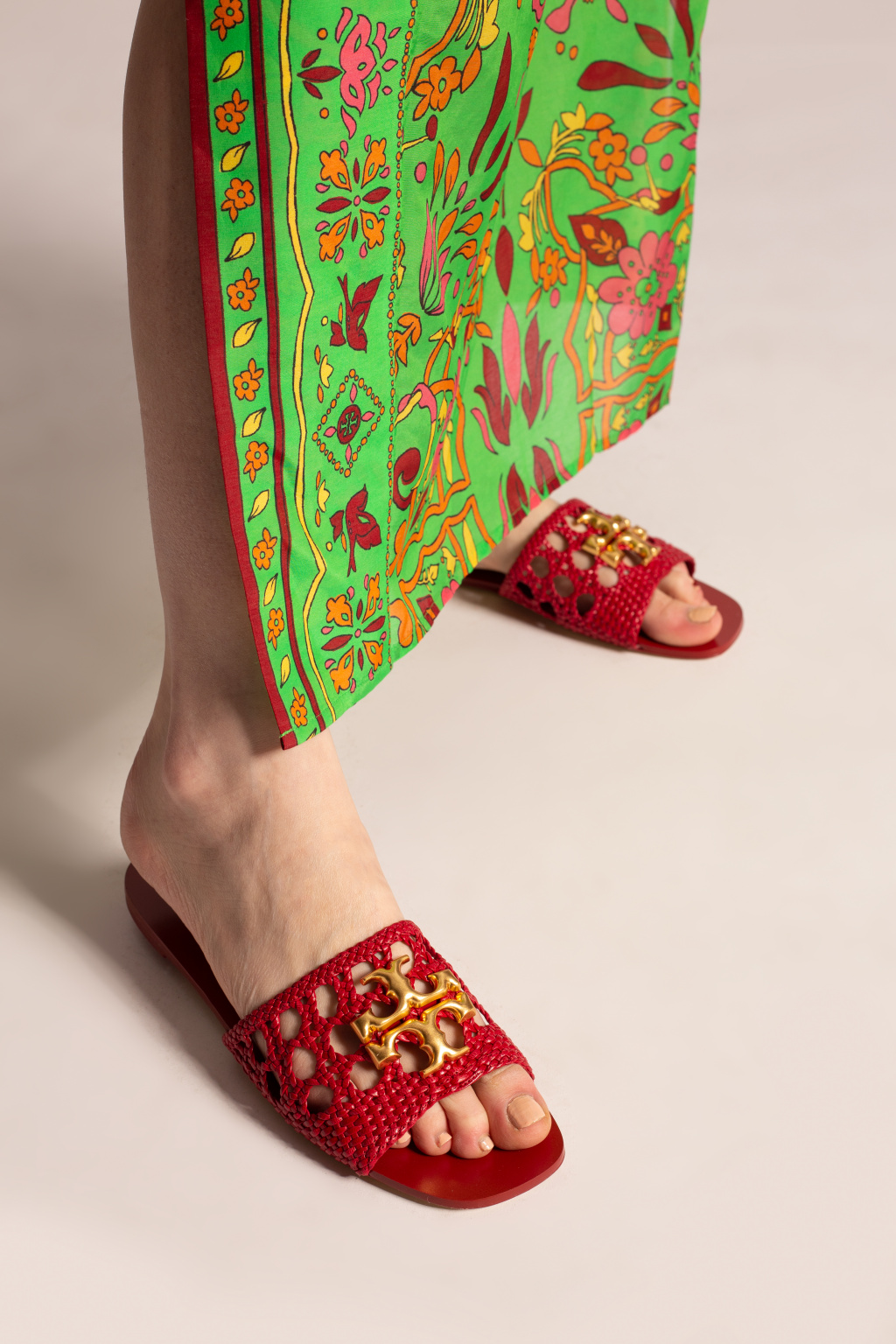 Women's Shoes | IetpShops | Tory Burch 'Eleanor' woven flat slides with  logo | shoe that has a retro look