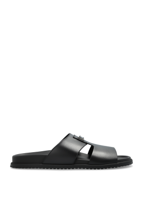 Leather slides with appliqué
