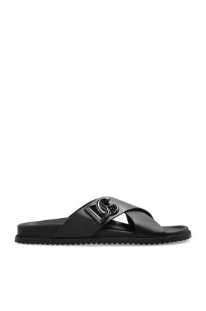 Leather slides with logo-shaped appliqué