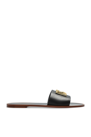 Leather slides with a logo-shaped appliqué