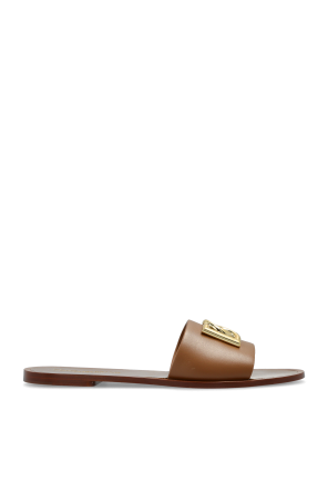 Leather slides with a logo-shaped applique