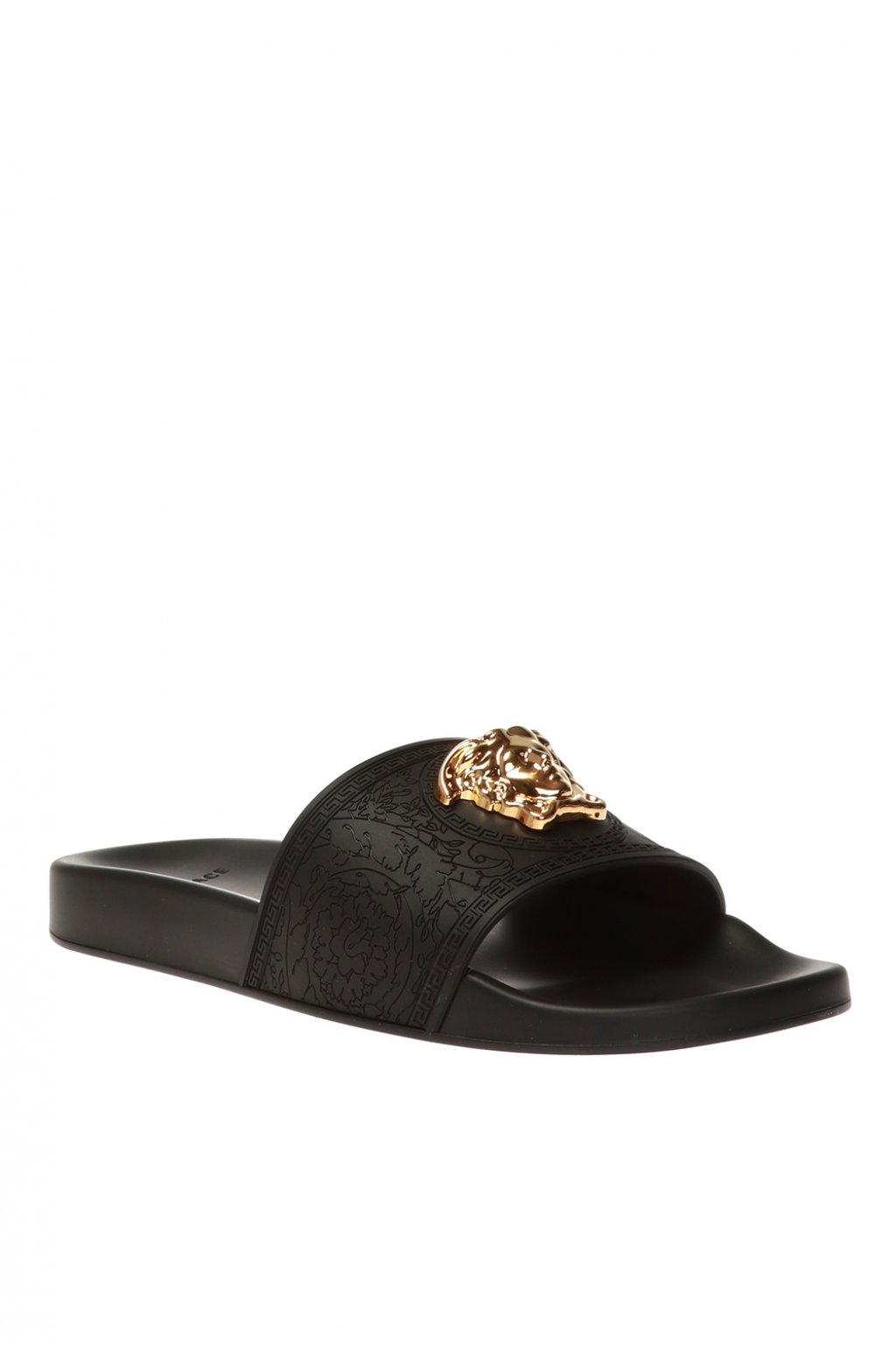 white and gold versace slides