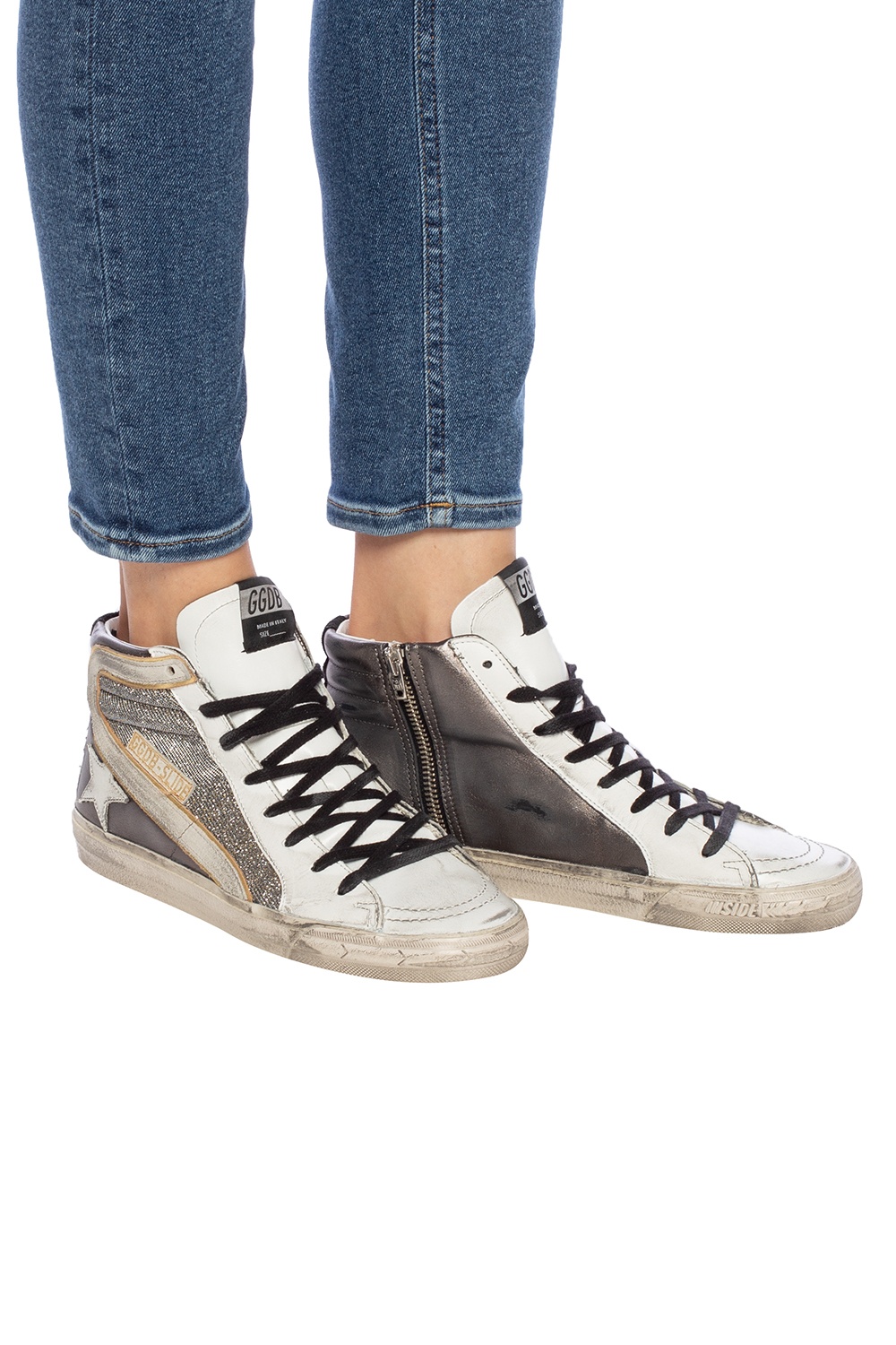golden goose gunmetal shimmer slide