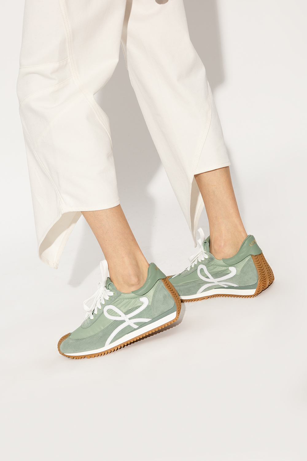 Loewe Men's Flow Runner Monogram Logo Sneakers - Soft White Green - Size 8