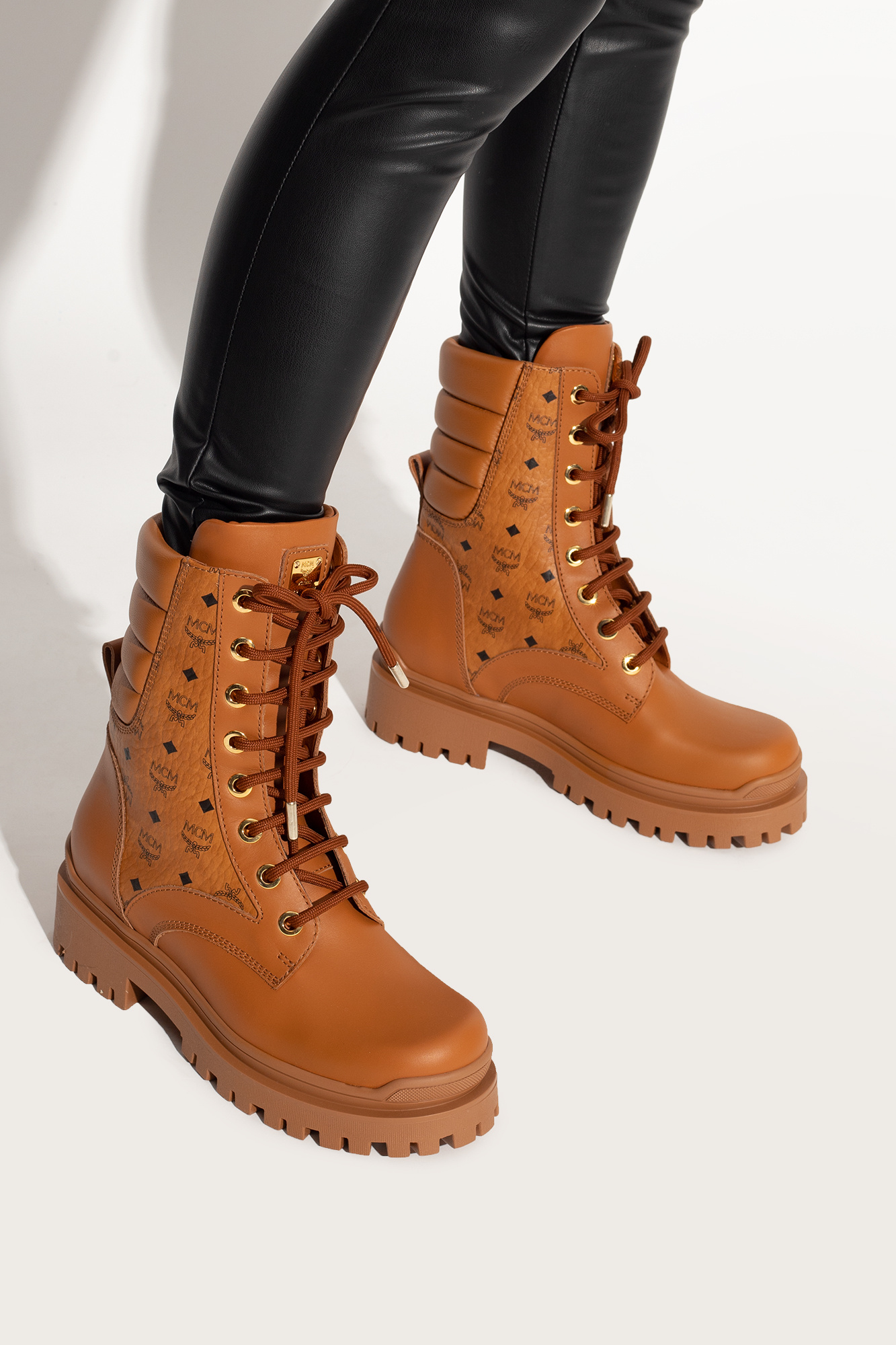 Mcm Women's Visetos Monogram Combat Boots - Cognac - Size 6