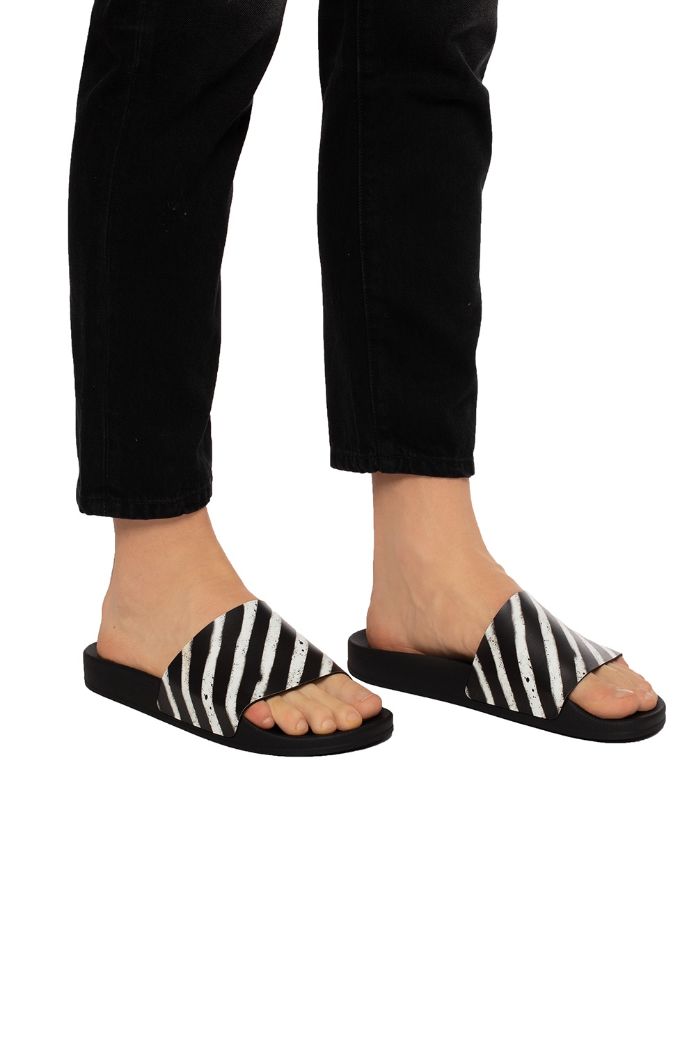 black and white striped slides