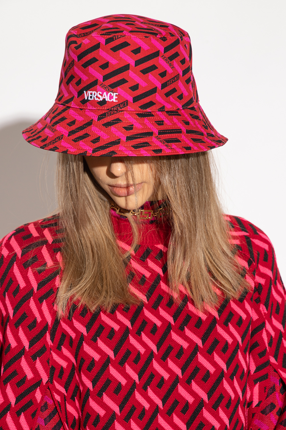 Versace Womans Fuxia Cotton Bucket Hat Black With Classic Logo