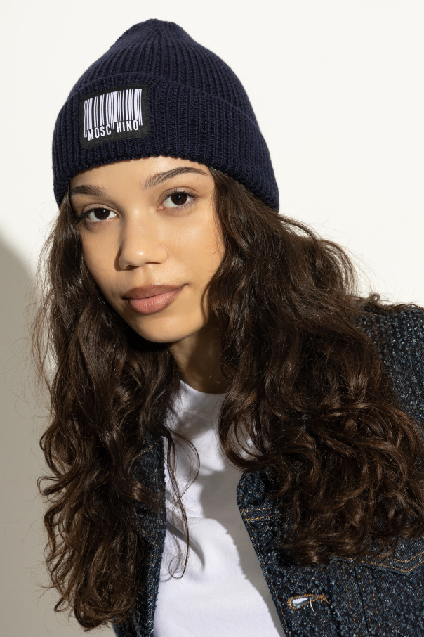 Moschino Wełniana czapka z naszywką z logo