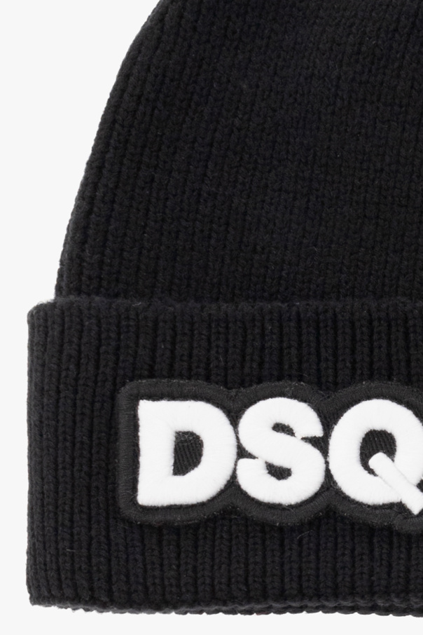 Dsquared2 Kids Black knitted beanie hat featuring a smiley badge in a wide knit