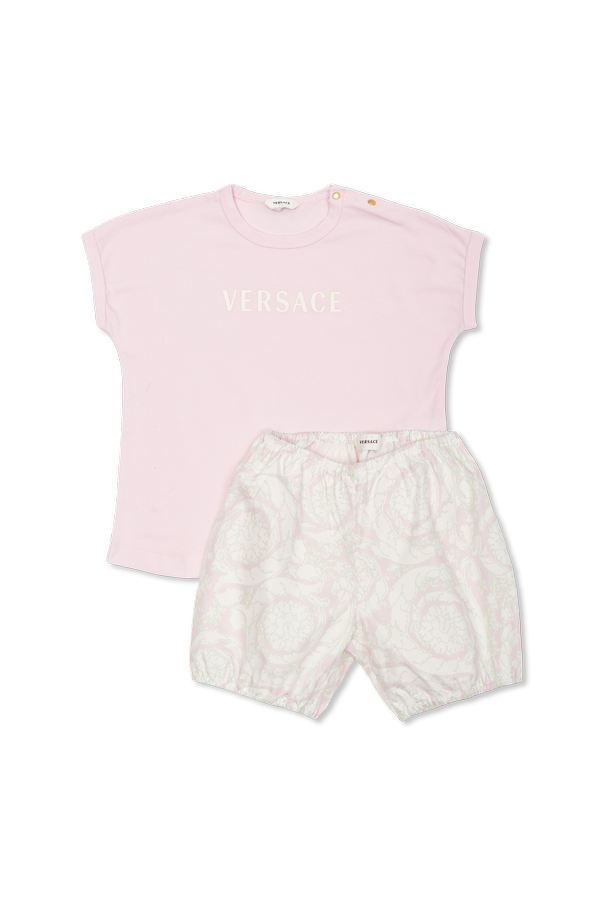 Cotton T-shirt and Shorts Set with ‘Delayed Outline Barocco’ Print od Versace Kids