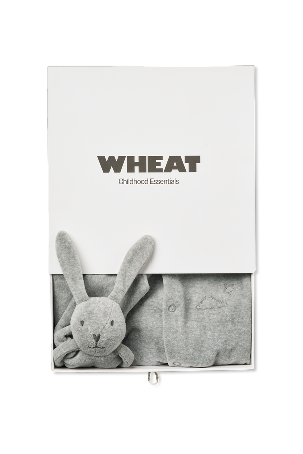 ‘Robin’ set: baby sleepsuit, plush rabbit od Wheat