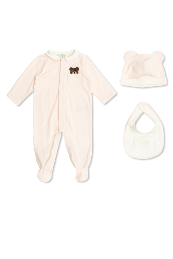 Fendi Kids Set: baby romper, hat, and bib