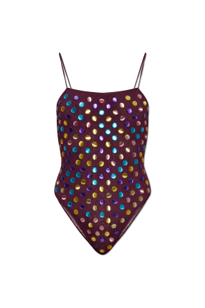 One-piece swimsuit with colorful appliqués