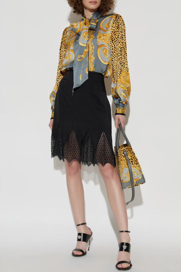 Versace Jedwabna koszula z dekoracyjnym wiązaniem przy dekolcie