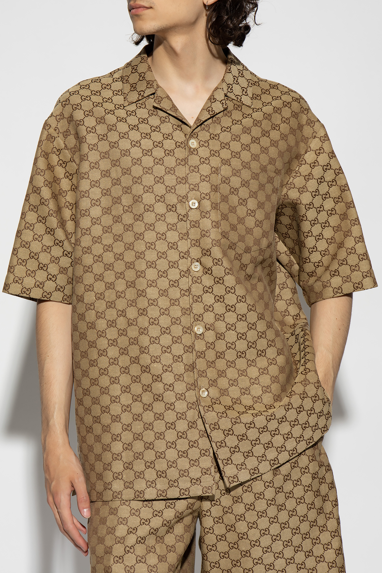 Gucci, Tops, Gucci Monogram Shirt W Leather Detail