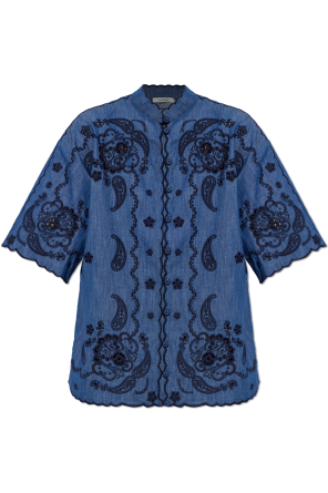 Denim shirt with openwork pattern