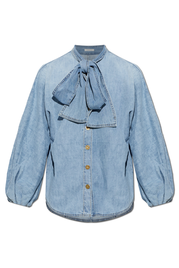 Denim shirt with decorative tie at the neckline od Zimmermann