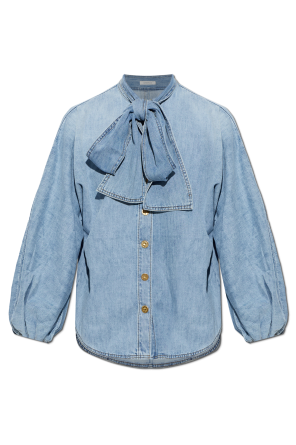 Denim shirt with decorative tie at the neckline