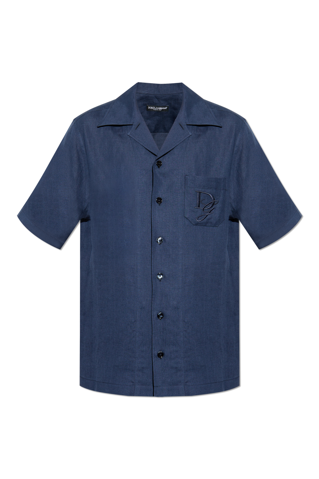 Dolce & Gabbana Blue Linen Short-sleeve Shirt With Pocket In Navy Blue