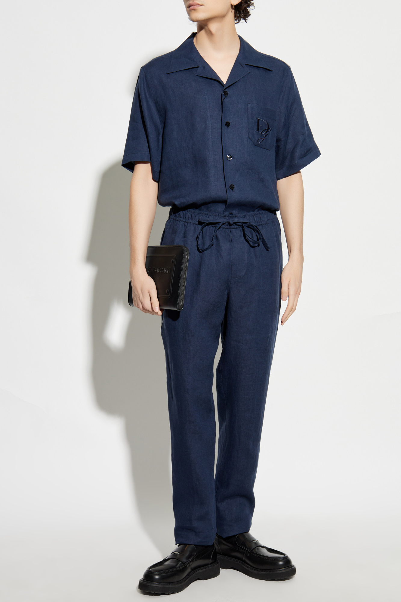 Dolce & Gabbana Blue Linen Short-sleeve Shirt With Pocket In Navy Blue