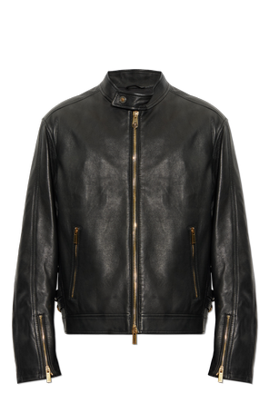 Leather jacket with stand-up collar