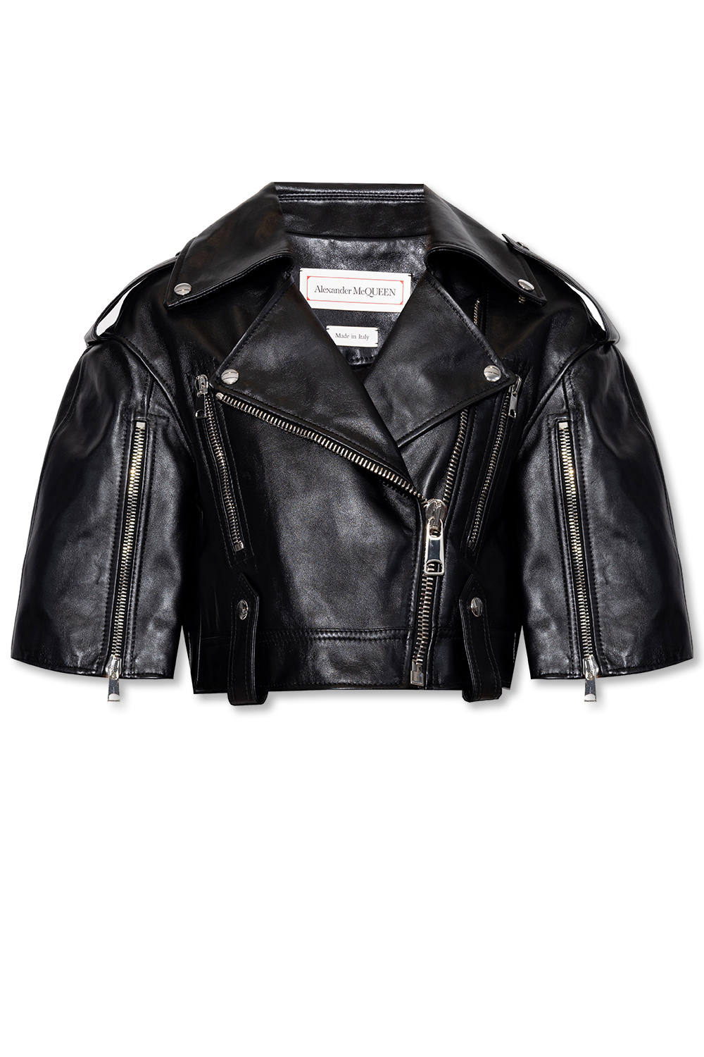 Alexander McQueen Cropped Leather Biker Jacket in Black Womens Clothing Jackets Leather jackets 