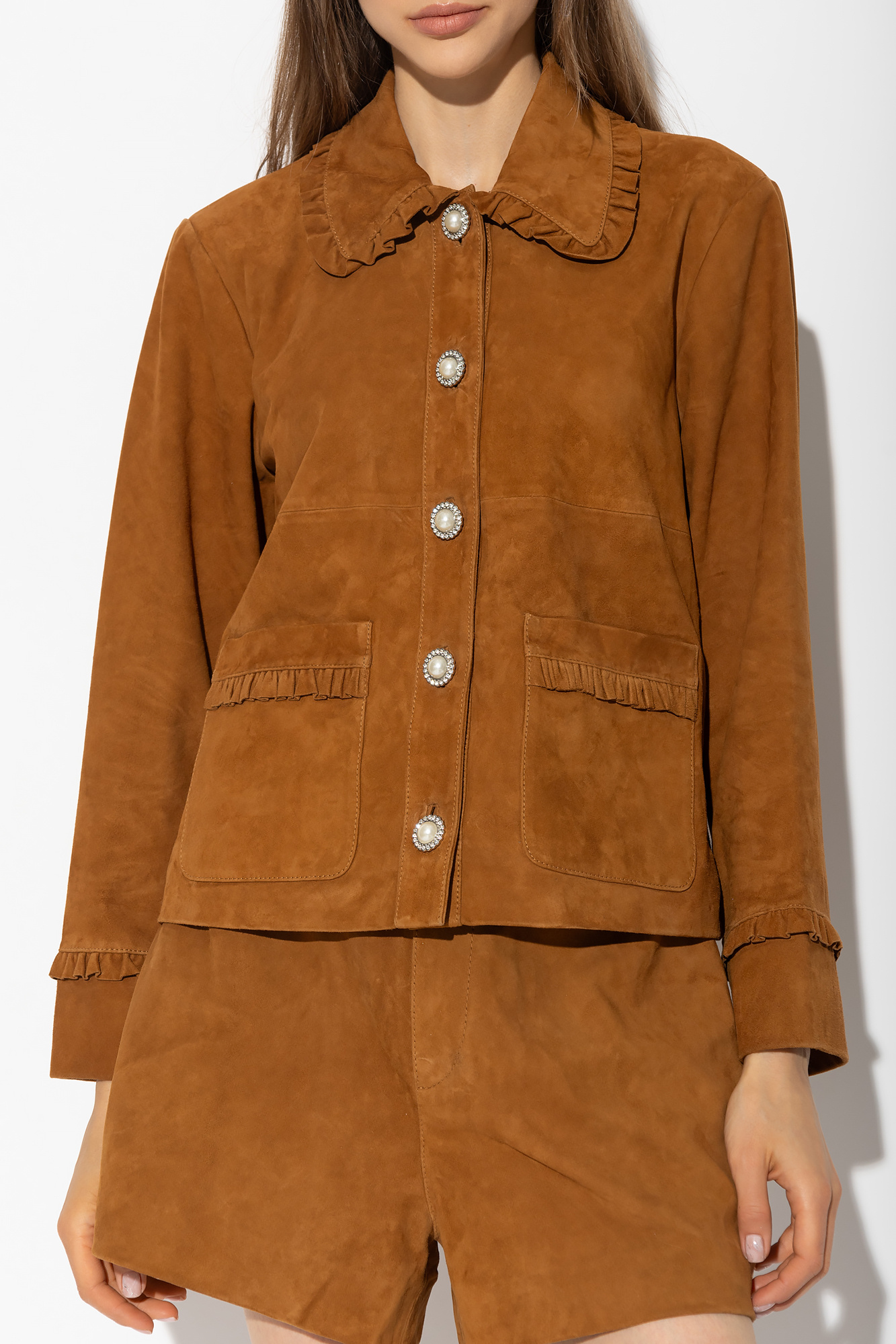 Women's solid Brown CANDA Collection At C&A Leather suede Jacket