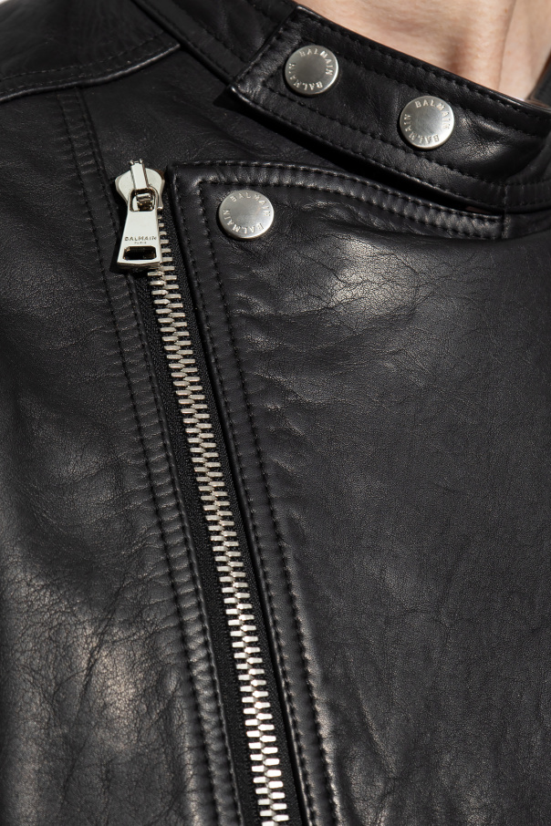 Black Leather jacket with stand collar Balmain - Balmain long 