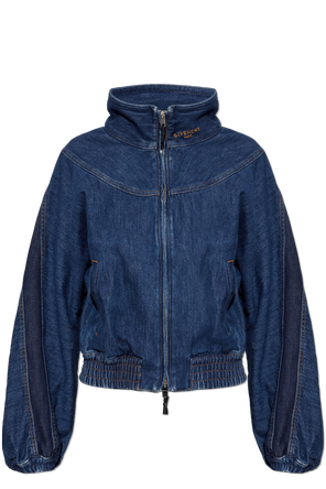 Denim jacket with stand-up collar