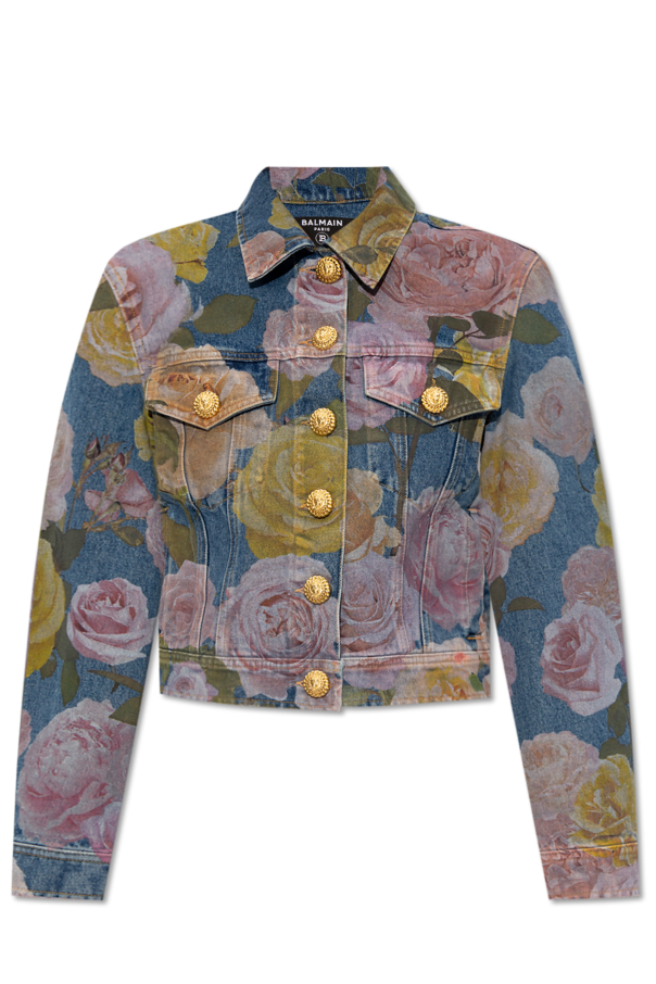 Balmain Jeansowa kurtka z motywem kwiatowym